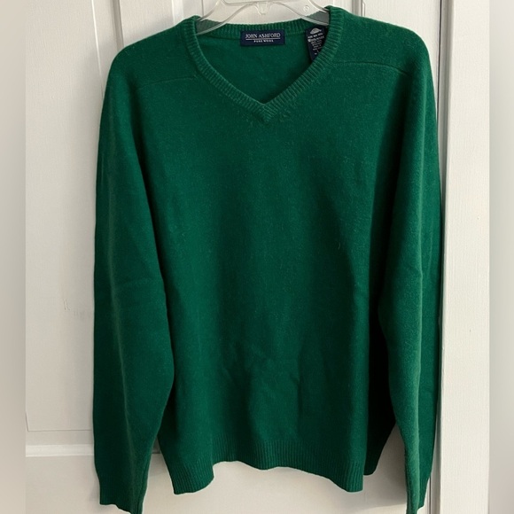 JOHN ASHFORD Pure Wool Green V Neck Sweater Men’s Large Preppy Academia Grandpa - Picture 1 of 10